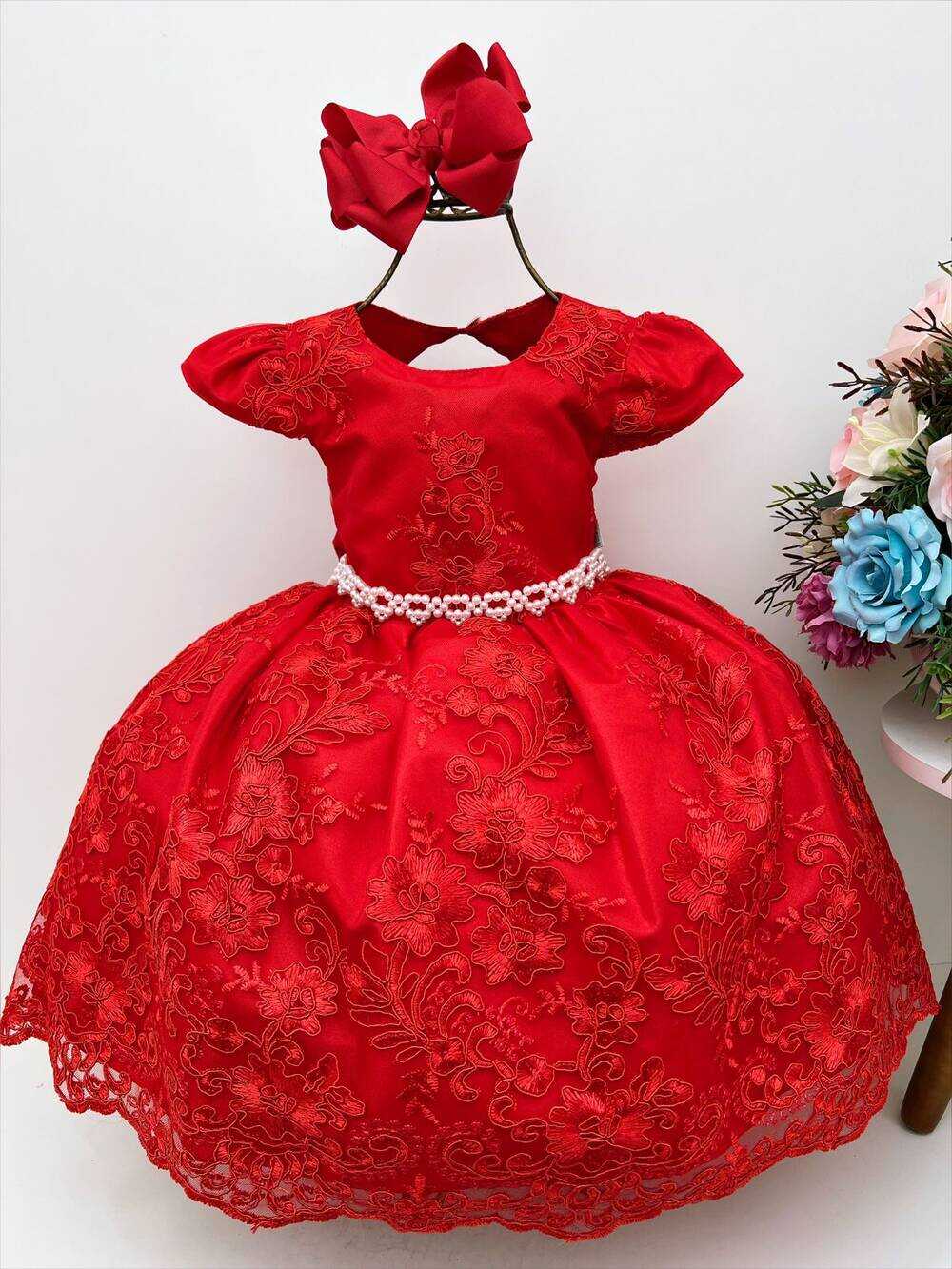 Vestido Infantil Vermelho e Renda Realeza Cinto de Pérolas