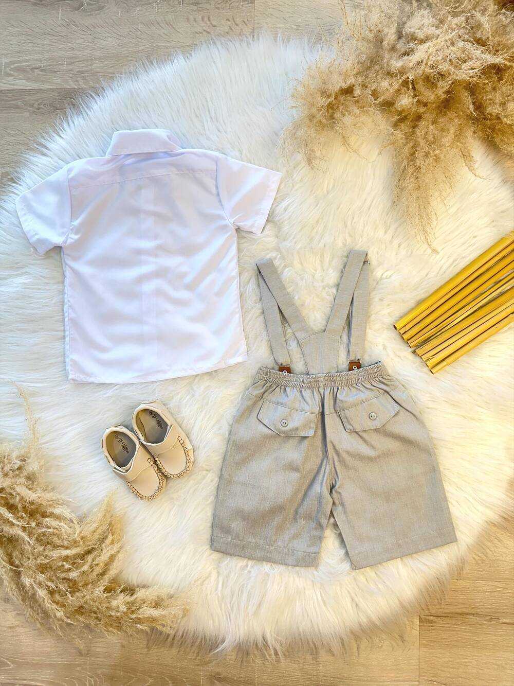 Conjunto Social Camisa Short Gravata e Susp. Cinza