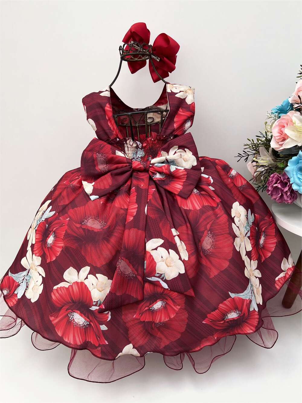 Vestido Infantil Marsala Florido Cinto de Pérolas Festas