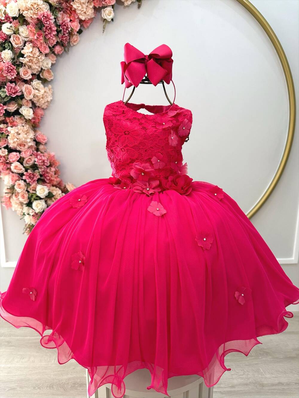 Vestido Infantil Pink Rendado Luxo Flores em Aplique