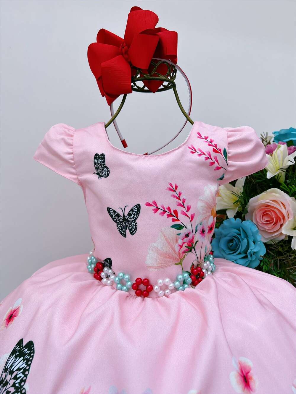 Vestido Infantil Rosa Borboletas Florido Cinto de Pérolas