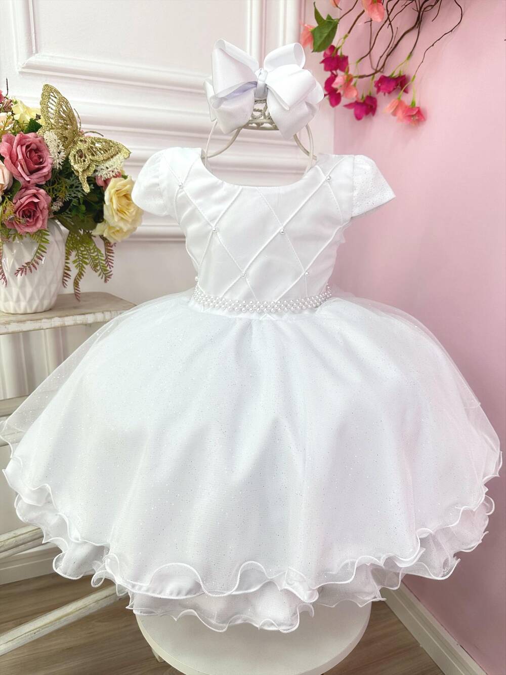 Vestido Infantil Branco Neve Busto Nervura C/ Pérolas Festas