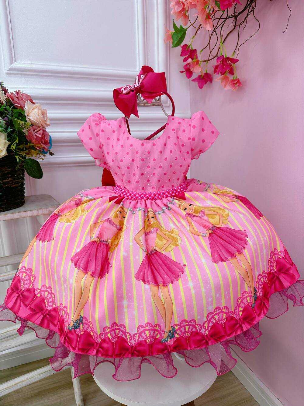 Vestido Infantil Barbie Rosa e Pink Peito C/ Strass Pérolas