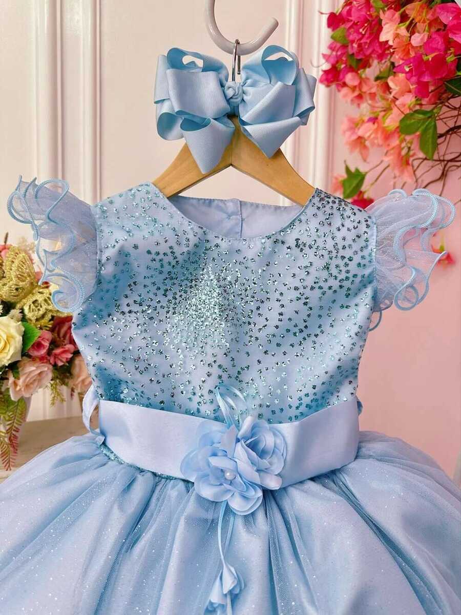 Vestido Infantil Azul Com Glitter e Broche de Flor Luxo