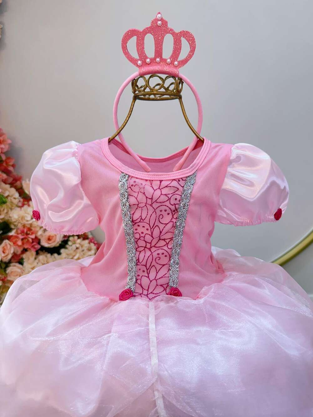 Fantasia Infantil Princesa Aurora Com Luva e Tiara