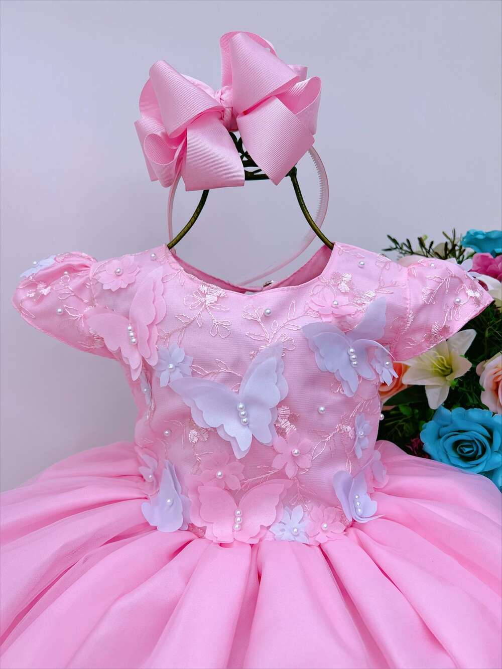 Vestido Infantil Rosa Aplique Borboletas Flores Renda Luxo