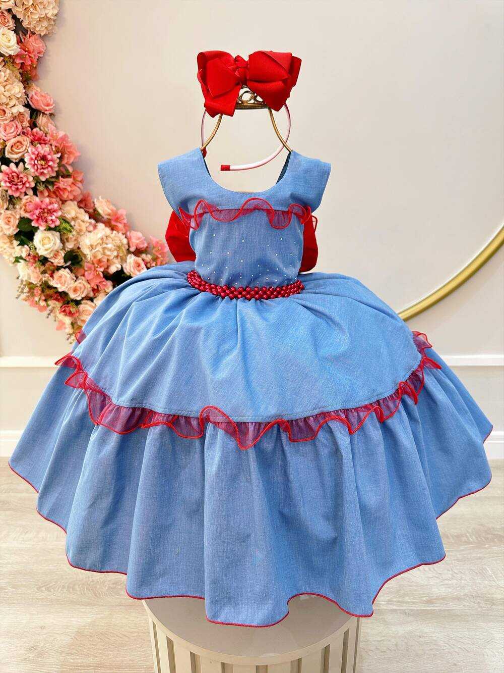 Vestido Infantil Azul Busto Strass e Saia Com Babado Luxo