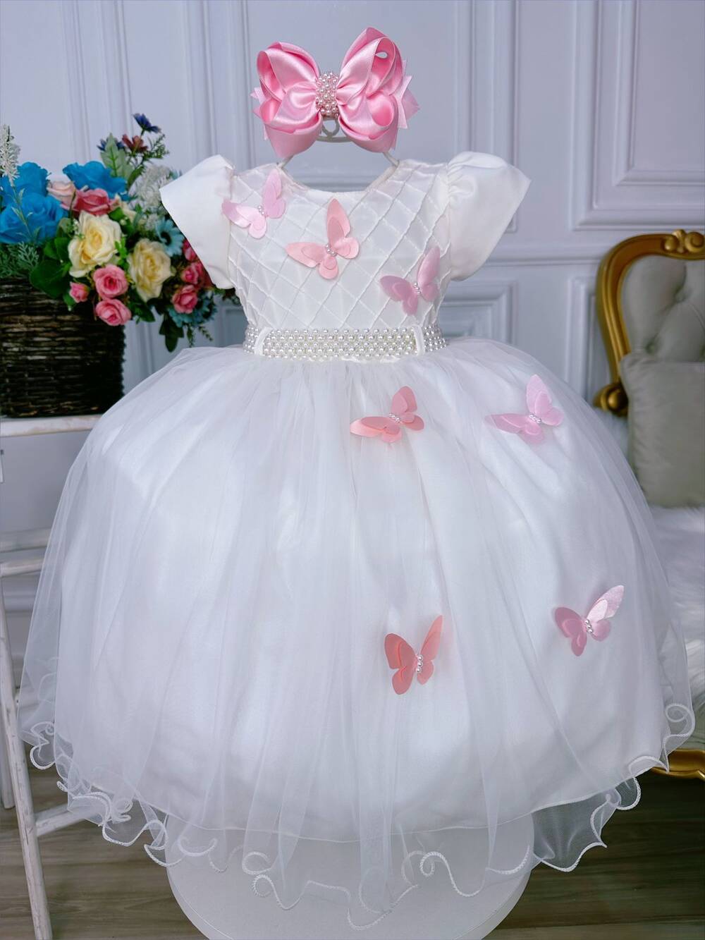 Vestido Infantil Off White Peito Nervura Aplique Borboletas