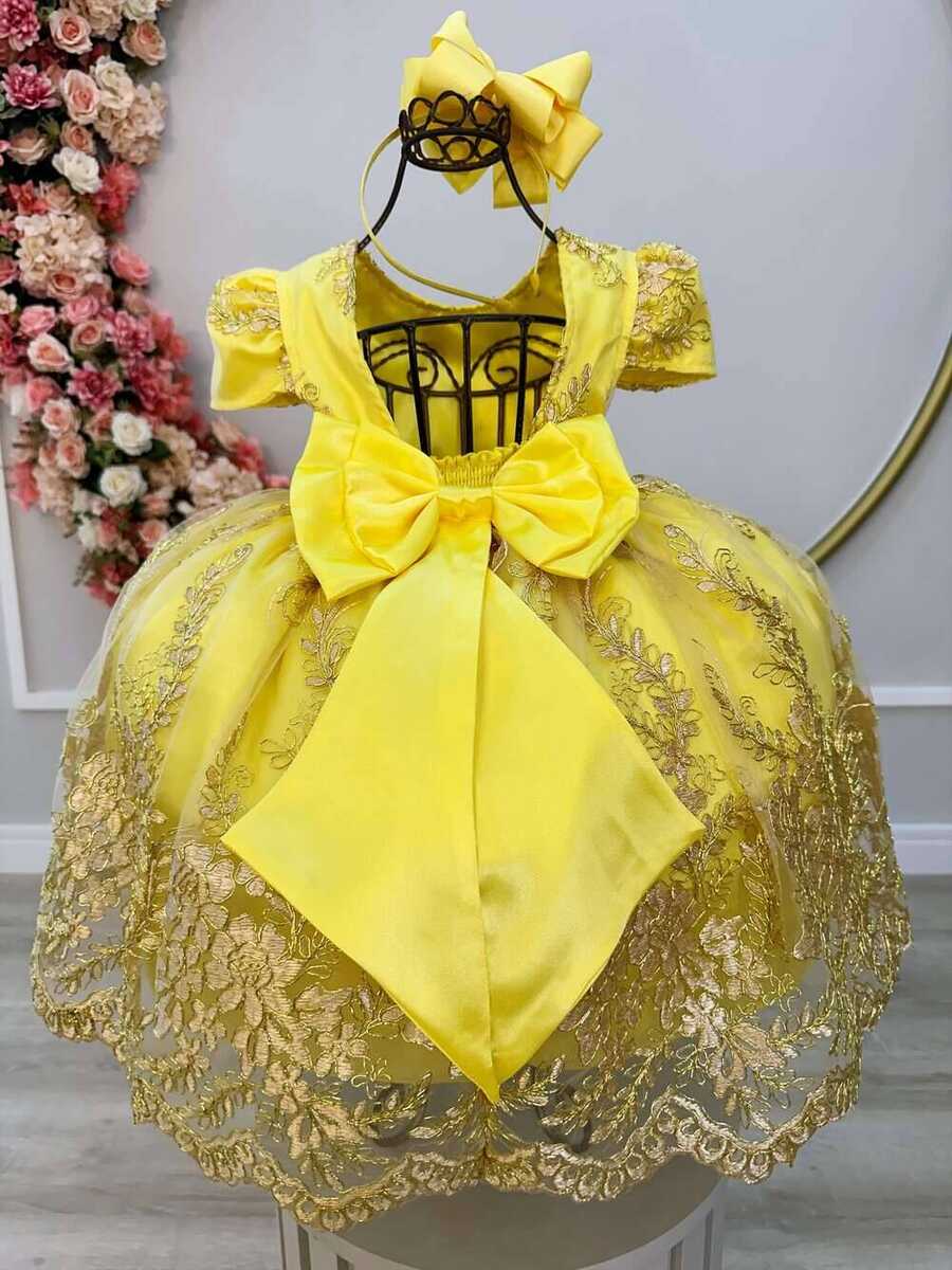 Vestido Infantil Amarelo C/ Renda Realeza Dourada e Pérolas