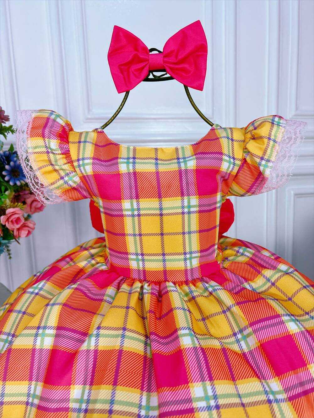 Vestido Infantil Pink Xadrez Colorido Com Laço Luxo