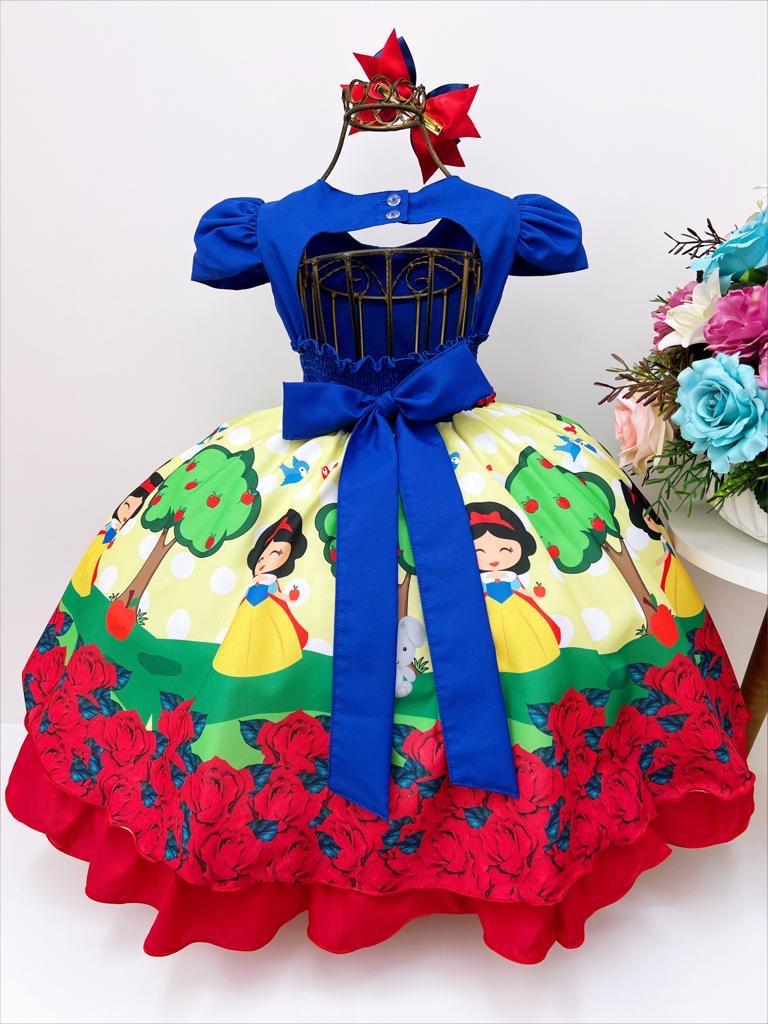 Vestido Infantil Branca de Neve Cinto Pérolas Bico de Pato