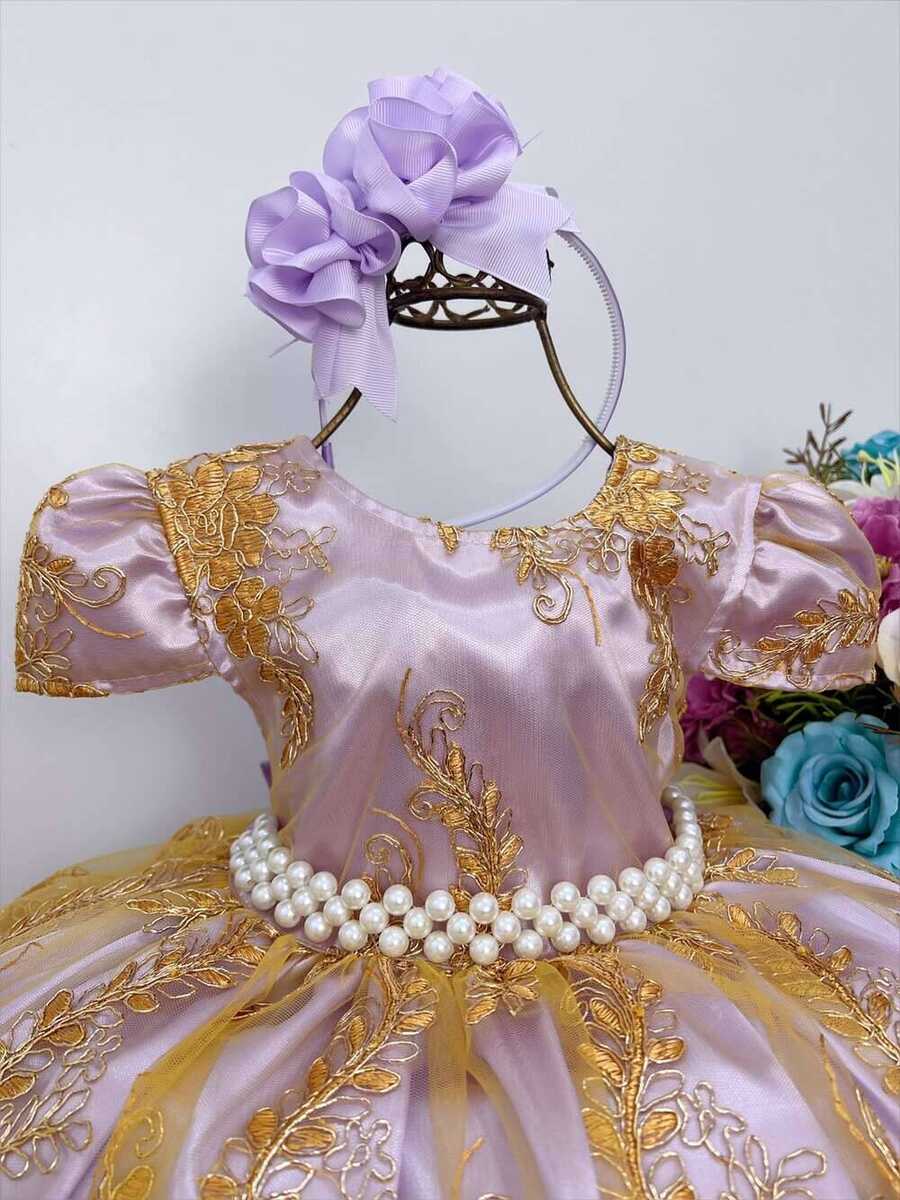 Vestido Infantil Lilás Renda e Tule Dourado Realeza Damas