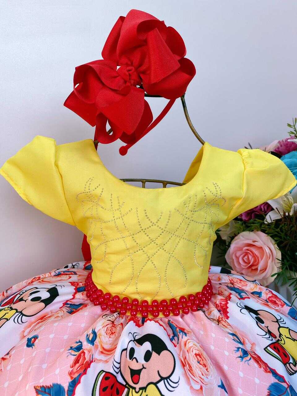 Vestido Infantil Magali Melancias Flores Amarelo e Vermelho