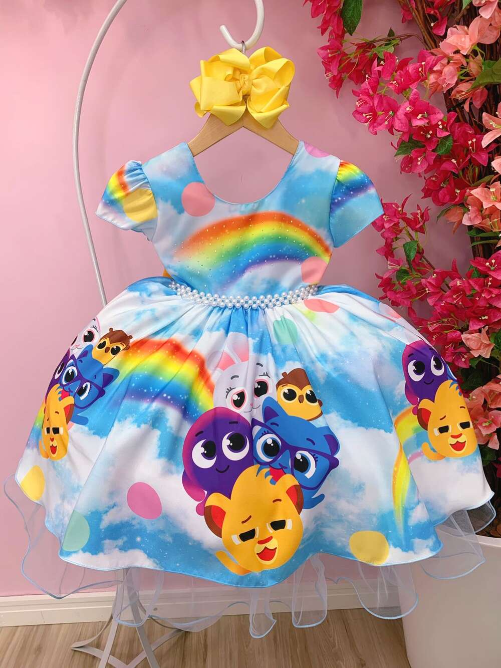 Vestido Infantil Bolofofos Arco Iris Colorido Peito Strass