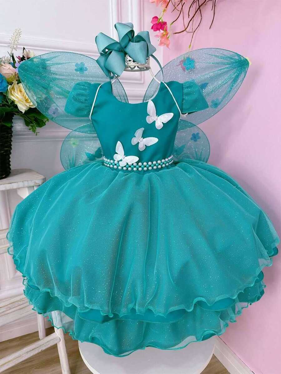 Vestido Infantil Verde Tiffany Glitter Aplique de Borboletas