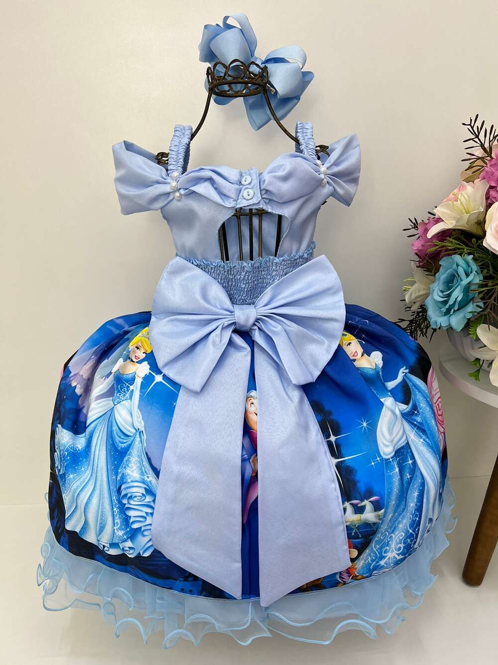 Vestido Infantil Princesa Cinderela Azul C/ Renda Luxo Festa