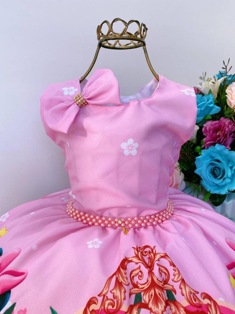 Vestido Infantil Minnie Rosa Floral Luxo Com Laço