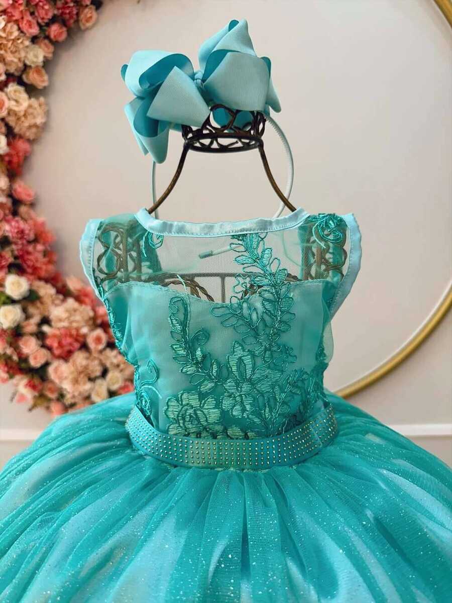 Vestido Infantil Verde Com Renda Realeza e Tule Glitter