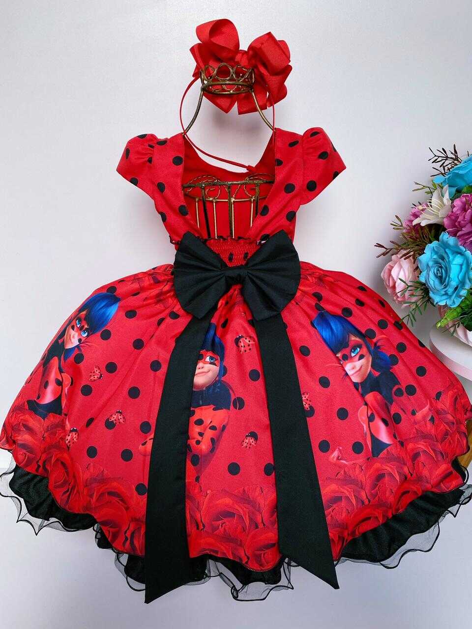 Vestido Infantil Ladybug Vermelho C/ Preto Cinto de Pérolas