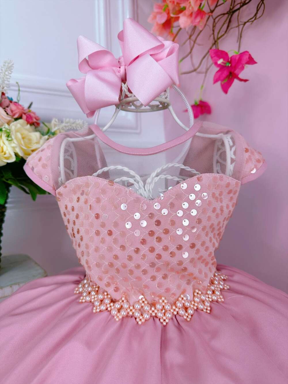 Vestido Infantil Rose Tule C/ Paetê Damas e Cinto de Pérolas