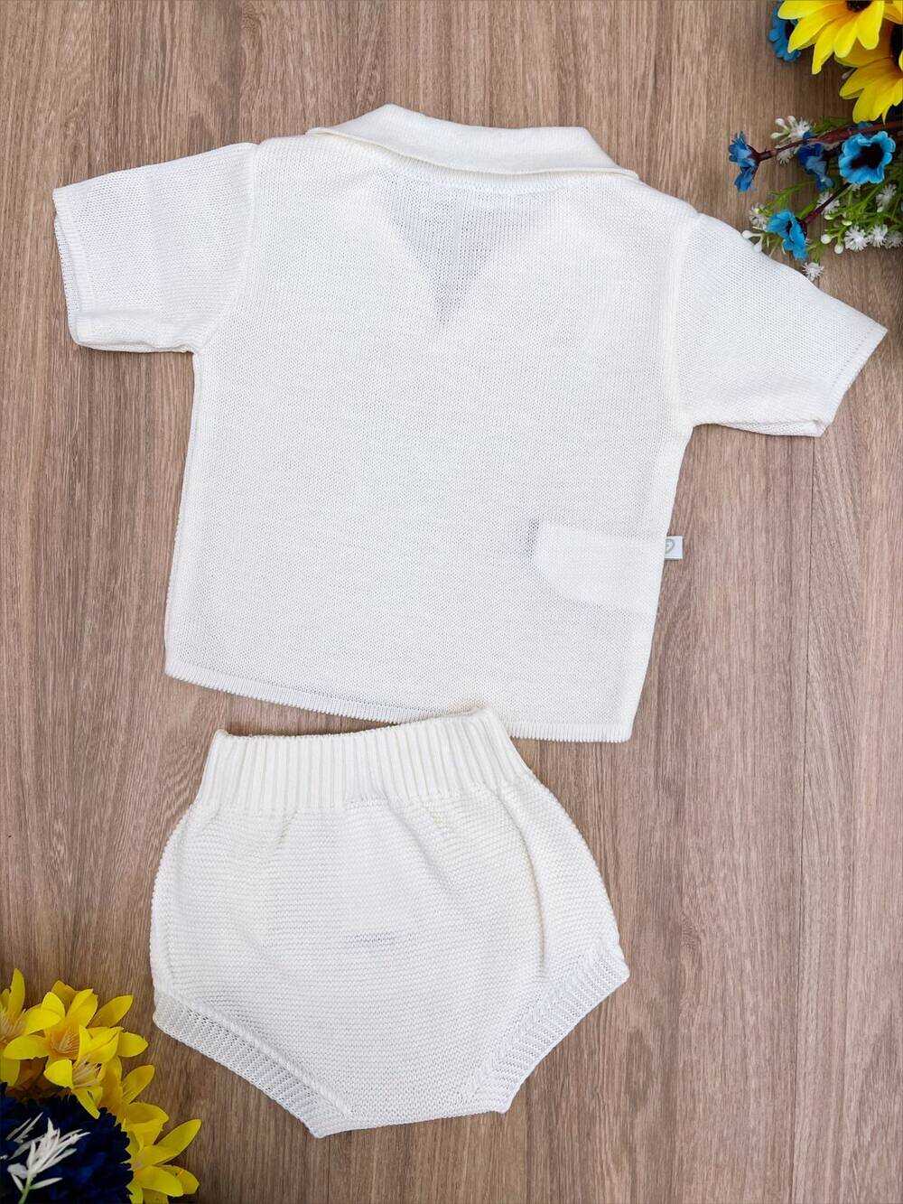 Conjunto Baby Camisa e Tapa Fralda Tricot Meninos Marfim