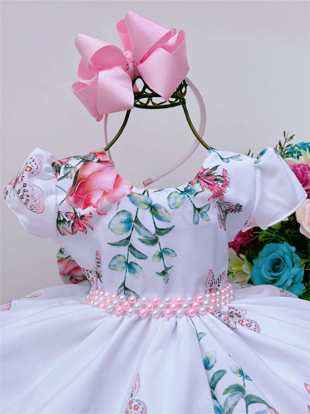 Vestido Infantil Branco Jardim das Borboletas e Pérolas Luxo