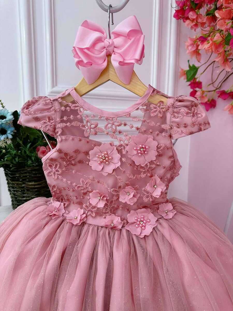 Vestido Infantil Rose C/ Aplique Flores e Renda Damas Luxo