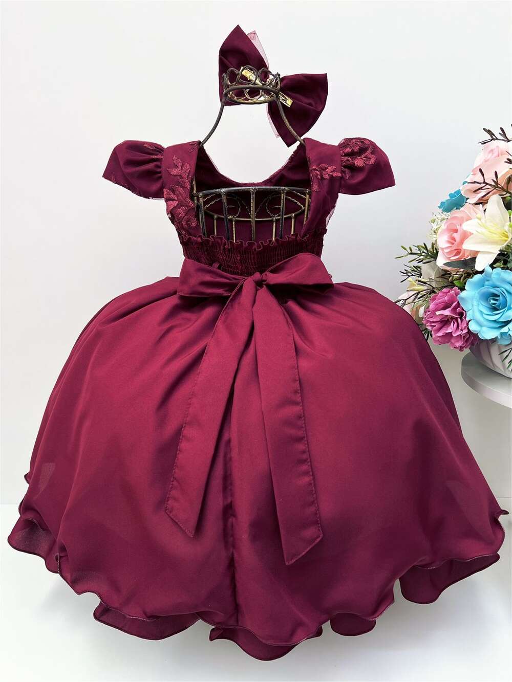 Vestido Infantil Marsala Renda C/ Cinto de Pérolas Laço