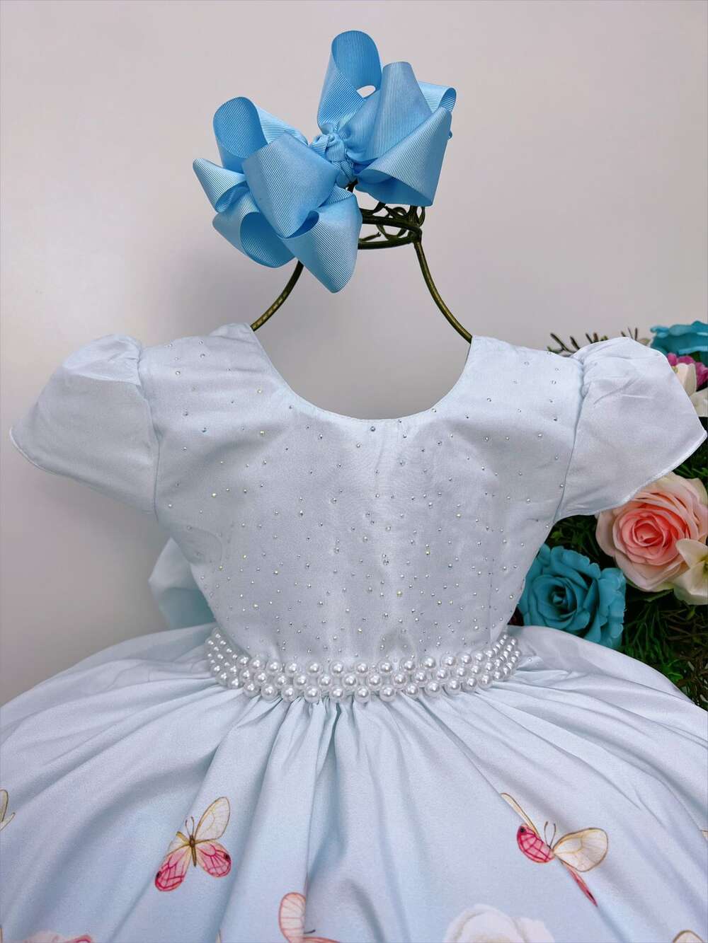 Vestido Infantil Azul Bebê Jardim das Borboletas com Pérolas