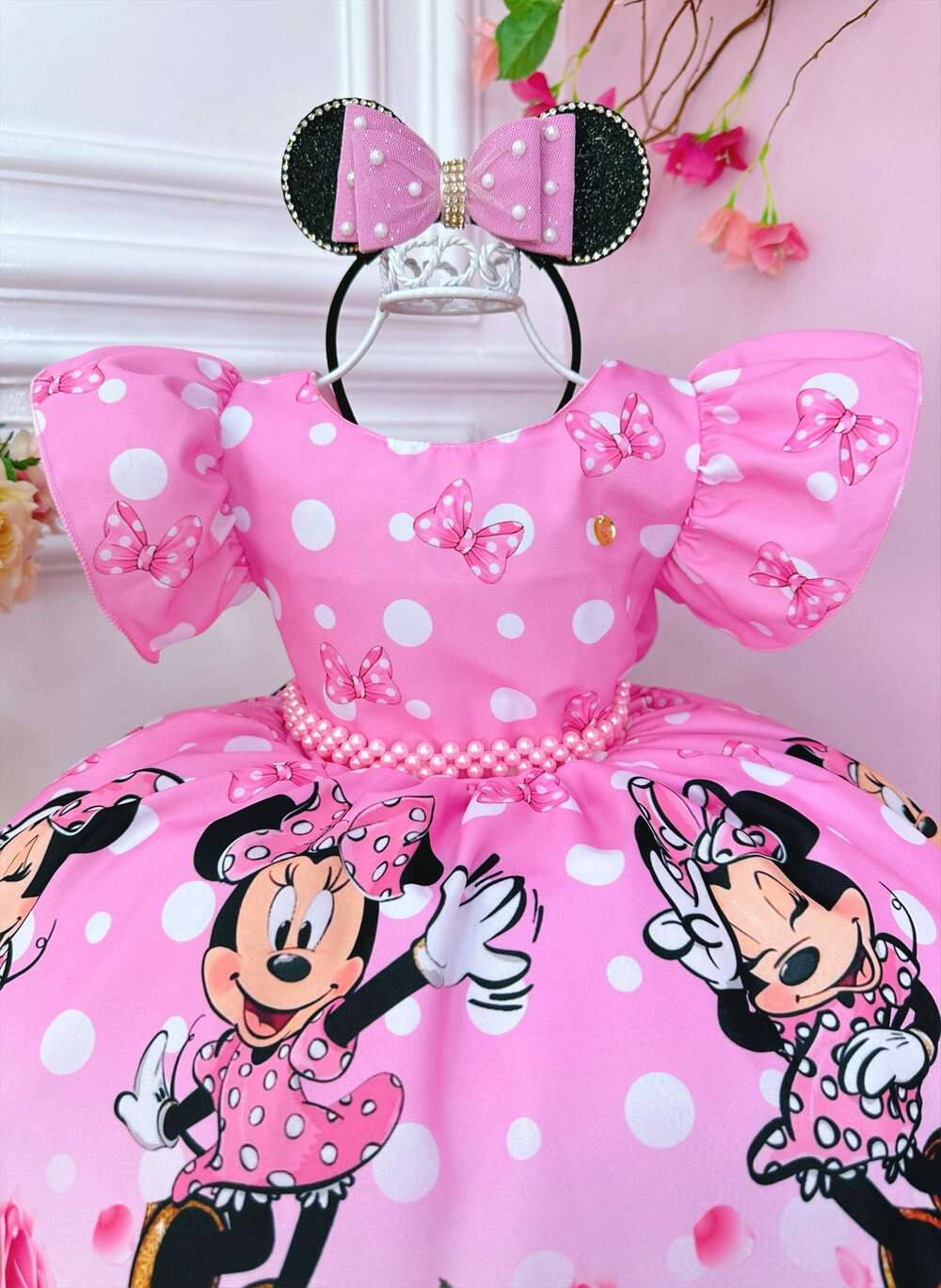 Vestido Infantil Minnie Florido de Rosas C/ Pérolas Festas