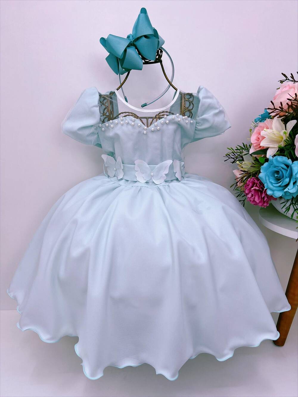 Vestido Infantil Verde C/ Aplique de Borboletas Pérolas