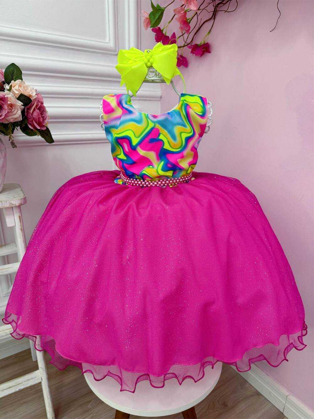 Vestido Infantil Barbie Colorido Neon Saia Pink C/ Glitter