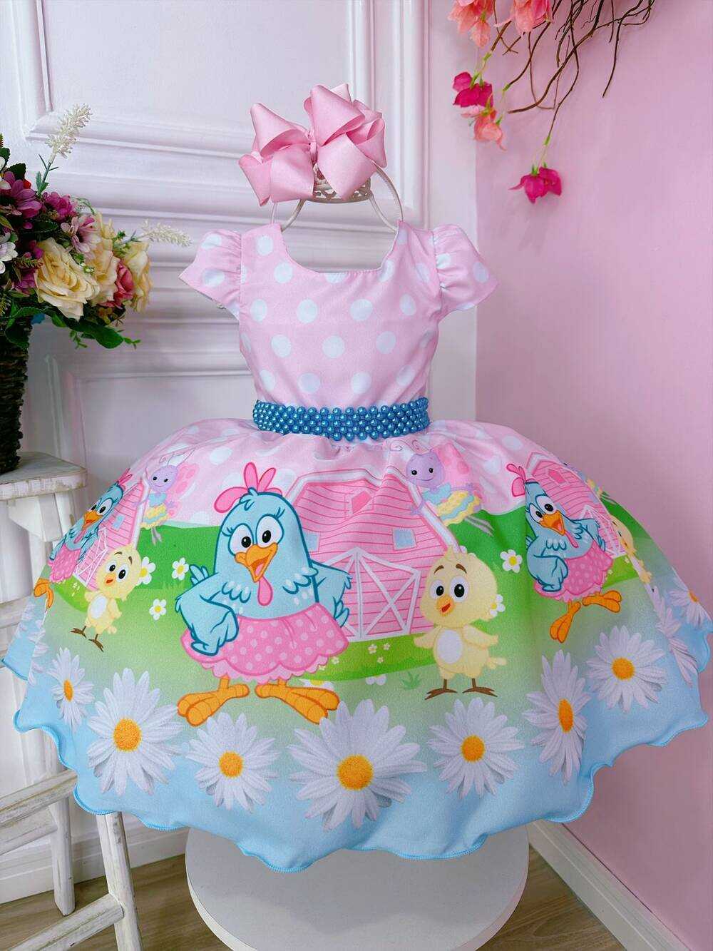 Vestido Infantil Galinha Pintadinha Rosa C/ Cinto Pérolas