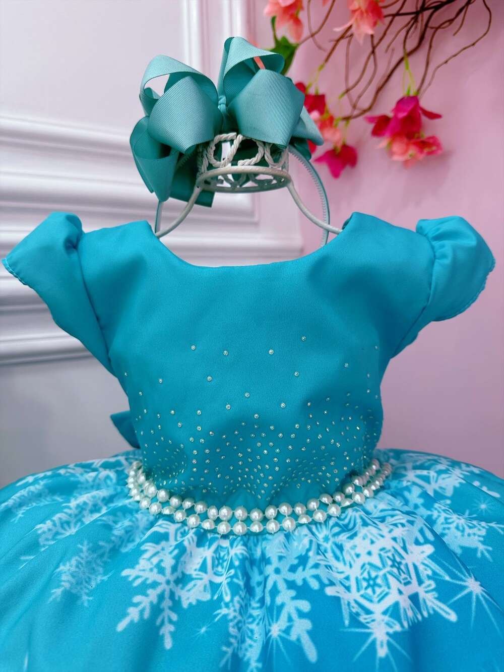 Vestido Infantil Frozen Elsa e Anna Verde Tiffany Strass