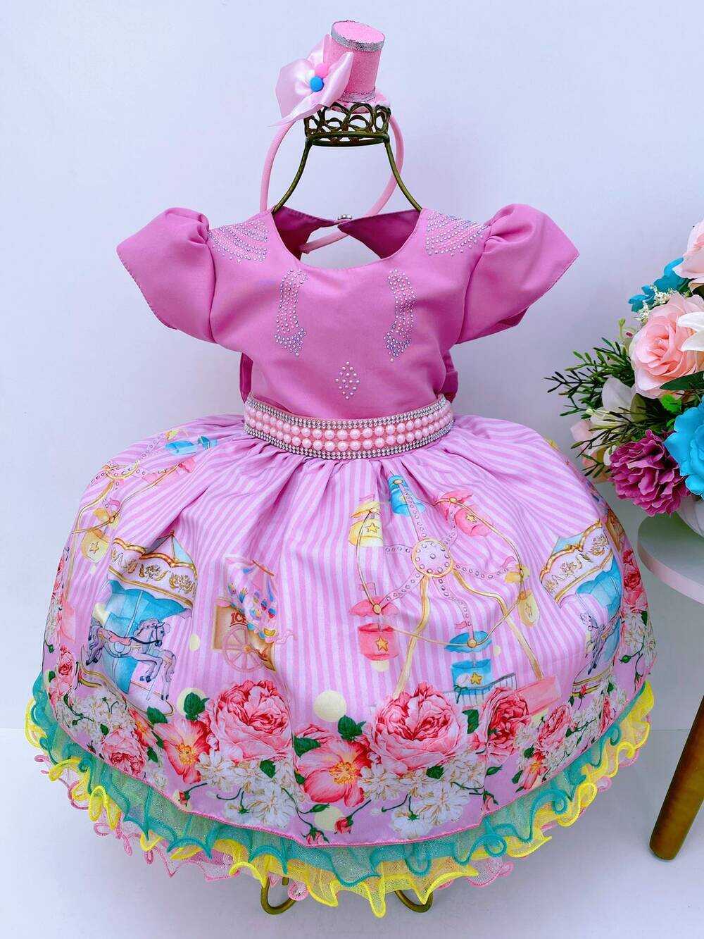 Vestido Infantil Circo Rosa Flores Strass E Pérolas