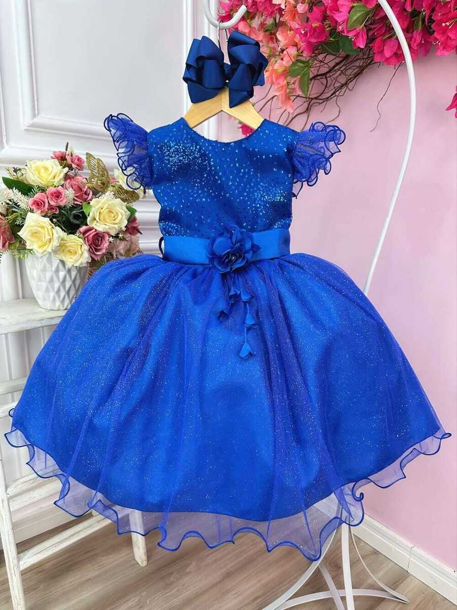 Vestido Infantil Azul Royal Com Glitter e Broche de Flor Luxo