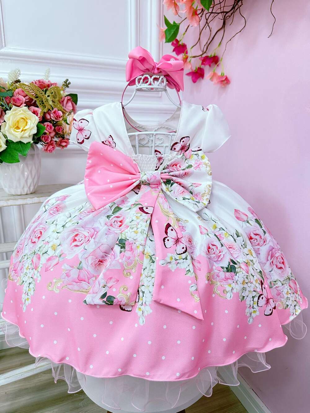 Vestido Infantil Branco Floral Rosa C/ Cinto Pérolas Festas