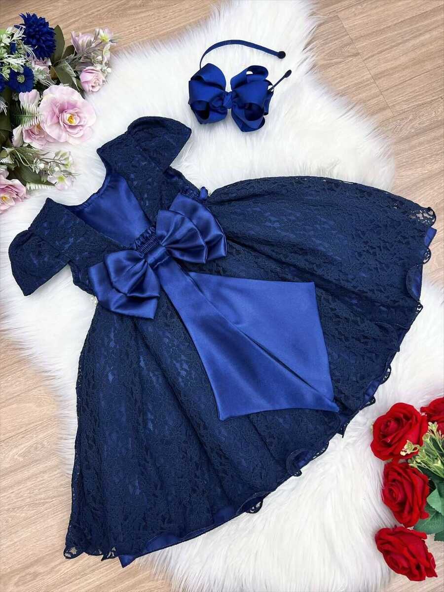 Vestido Infantil Realeza Azul Marinho Renda e Pérolas Festa