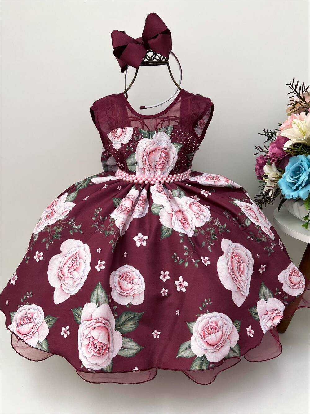 Vestido Infantil Marsala Rosas Peito Strass Pérolas