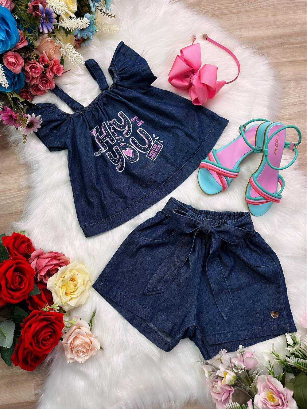 Conjunto Infantil Blusa e Short de Jeans Hey You Luxo