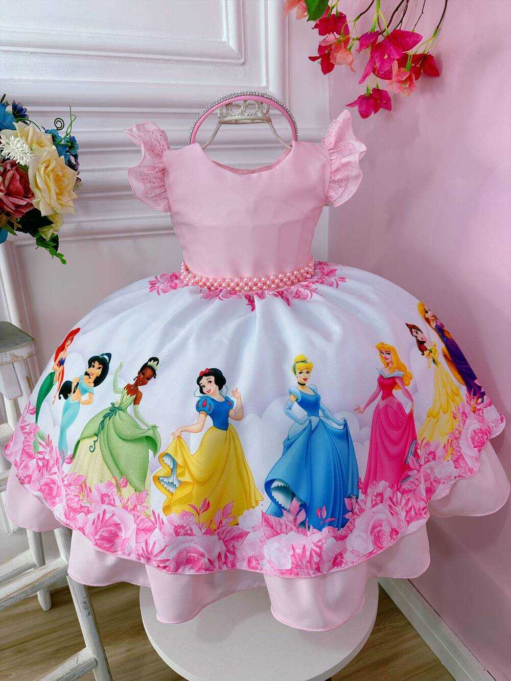 Vestido Infantil Princesas Rosa Aniversário Festa C/ Tiara