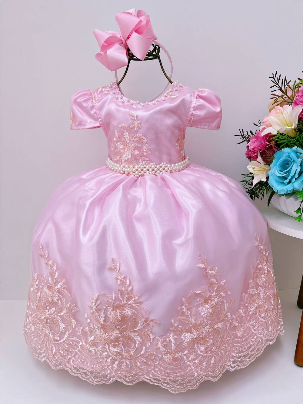 Vestido Infantil Rosa Rendado Casamento Damas Luxo Pérolas