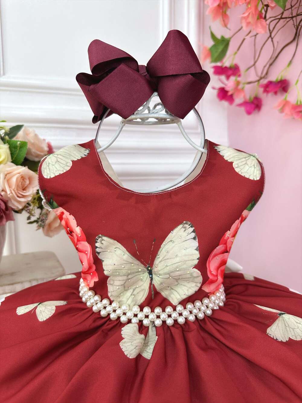 Vestido Infantil Marsala Jardim Das Borboletas Damas Floral