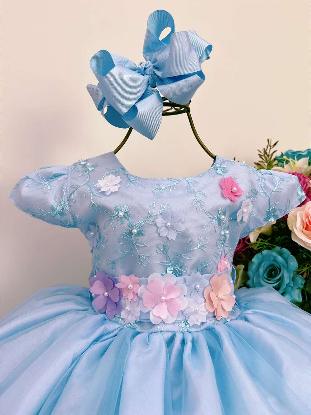 Vestido Infantil Azul Renda Aplique Flores Borboletas Perolas