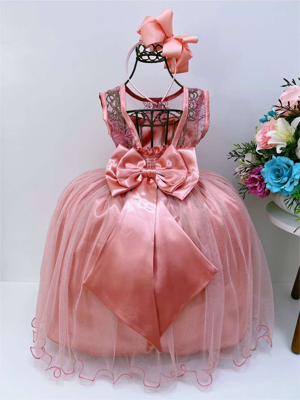 Vestido Infantil Rosé Renda e Tule com Brilho Damas Honra