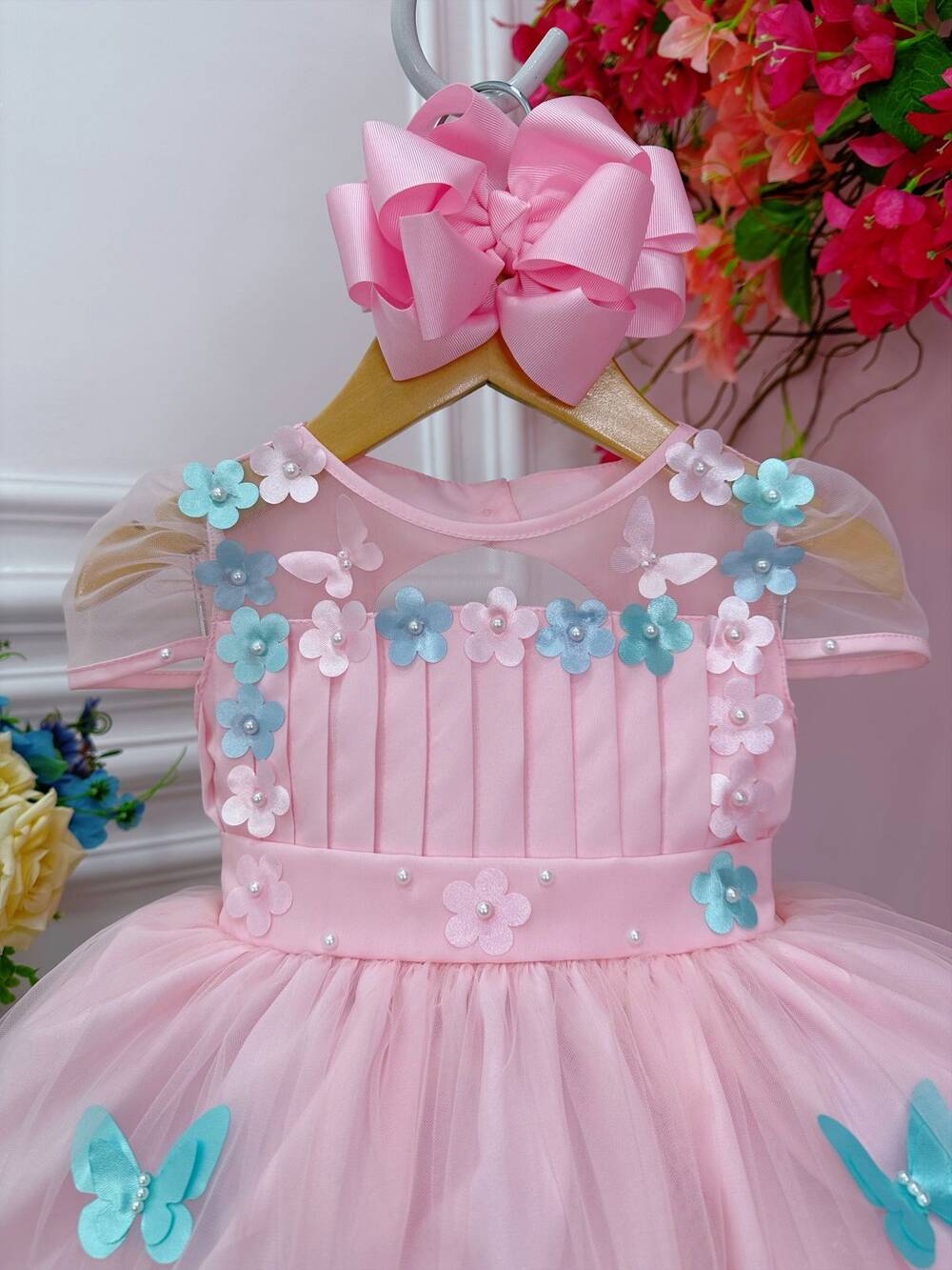 Vestido Infantil Rosa Busto Plissado Aplique Flores Borboleta