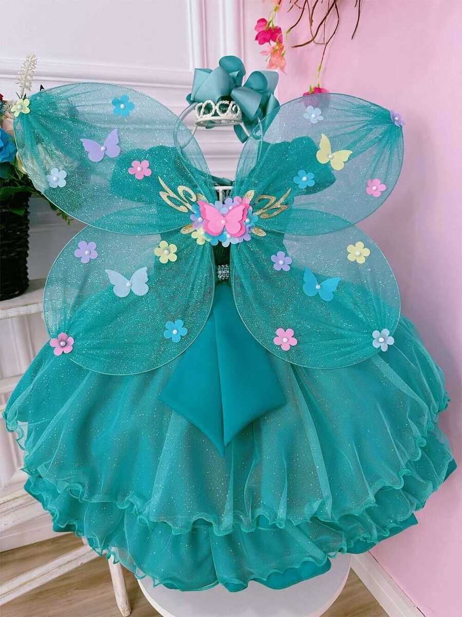 Vestido Infantil Verde Tiffany Glitter Aplique de Borboletas