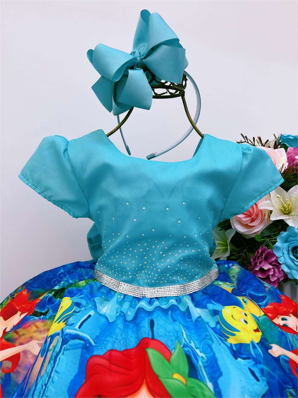 Vestido Infantil Princesa Sereia Ariel e Linguado Strass