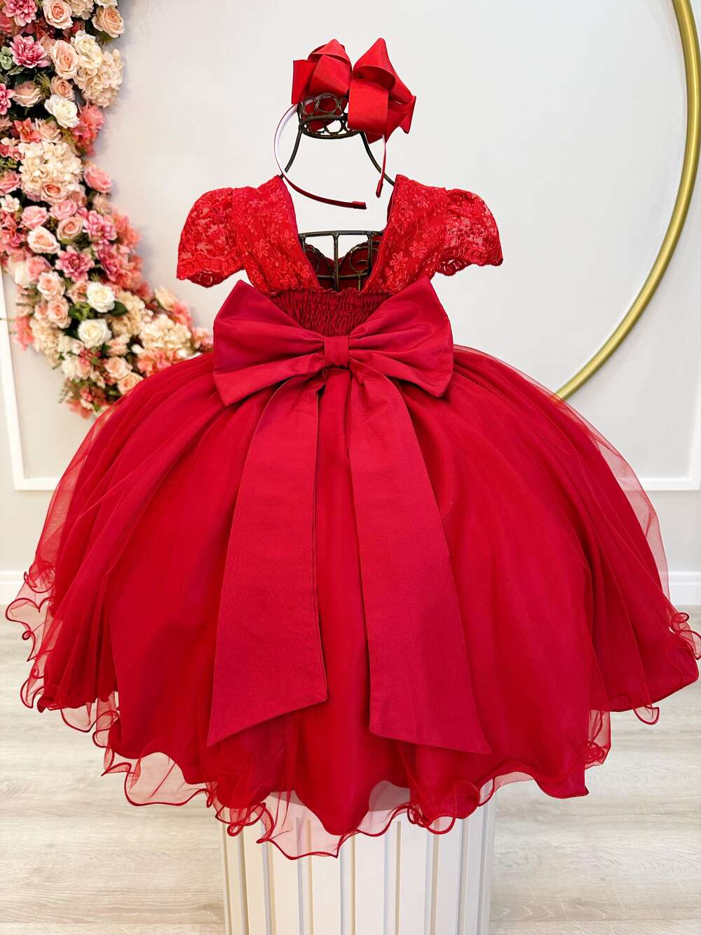 Vestido Infantil Vermelho C/ Renda e Cinto de Pérolas Damas