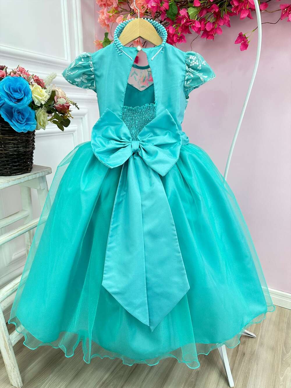 Vestido Infantil Damas Honra Casamento Verde C/ Renda Pérola